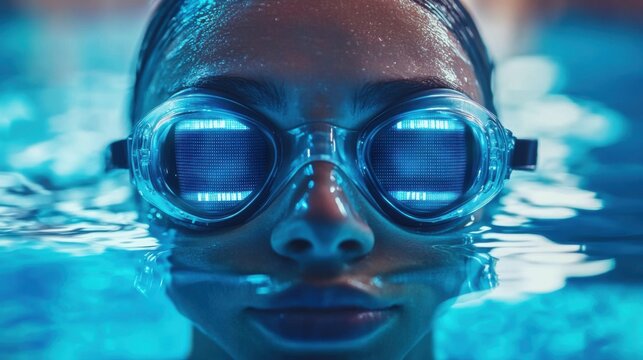 Close-up of swimmer wearing futuristic goggles in high-tech swimming pool - Powered by Adobe