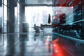 Modern office with computer and data visualization wall.