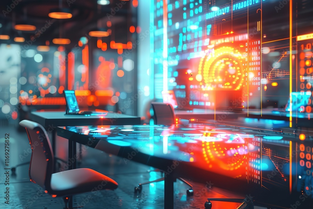 Aufkleber futuristic workspace with glowing interactive displays and technology.