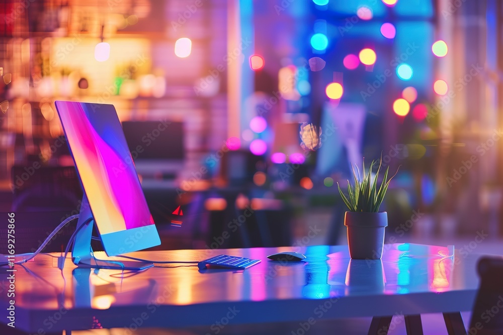 Poster modern workspace at night, illuminated by colorful lights. a computer sits on a desk with keyboard a