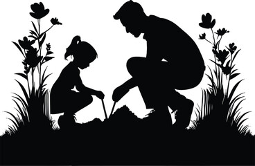 Silhouette of father and daughter gardening vector in white background