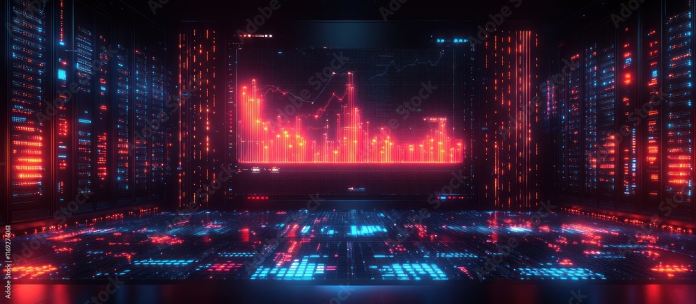 Poster futuristic server room with glowing red stock market graph displayed on a large screen.