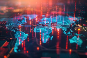 Global network, data flow visualization. Futuristic digital world map.