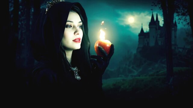 A beautiful young lady in a long black dress and an apple in her hands is standing in a magical forest. A beautiful dark princess using a black magic spell.