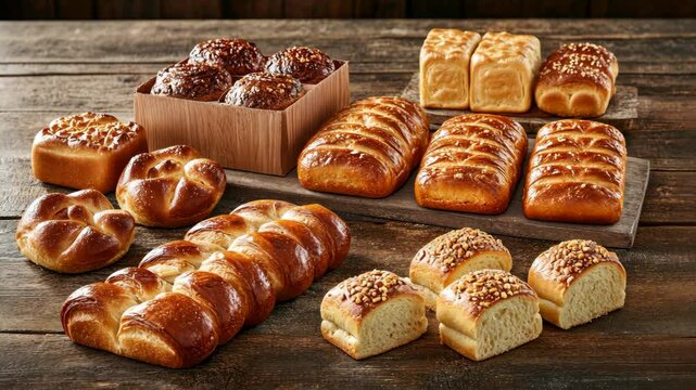 Freshly baked assorted bread rolls on wooden table ready for serving at a cozy bakery setting