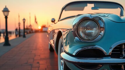 Vintage car parked by the waterfront during a stunning sunset, reflecting warm hues and capturing nostalgic moments. Generative AI