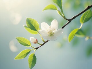 Obraz premium Delicate White Flower Blossoms on Branch with Fresh Green Leaves in Spring Sunshine.