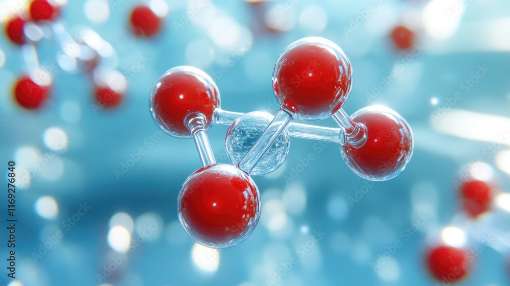 Aufkleber 3d render of a molecule with red spheres and transparent connections on a light blue bokeh backgroun