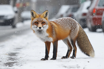 Fototapeta premium a red fox walking across a snow covered street next to a trash can and garbage can in the snow