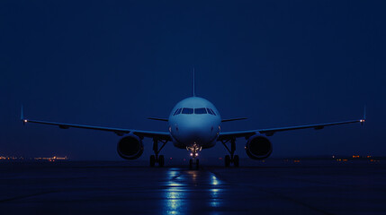 An airplane awaits departure on a dark runway, surrounded by glowing lights. The calm night sky enhances the atmosphere as ground crew prepare for takeoff
