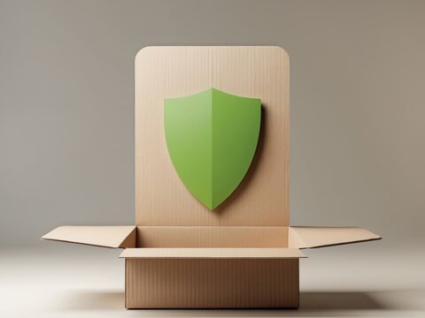 Open Cardboard Box with Green Shield above.