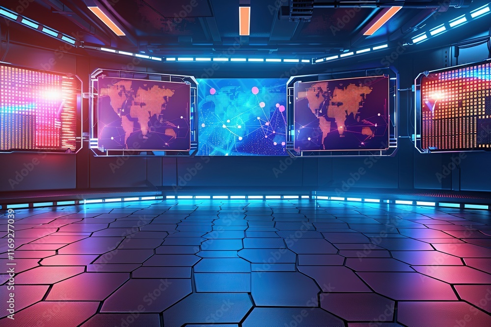 Poster futuristic control room with world map displays and data streams.