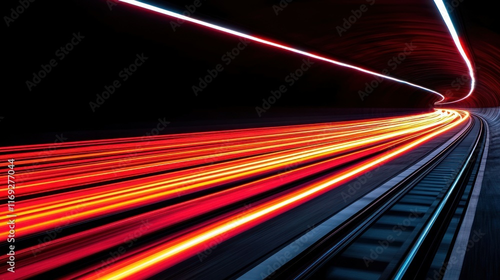 Poster dynamic light trails in a dark tunnel.