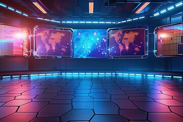 Futuristic control room with world map displays and data streams.