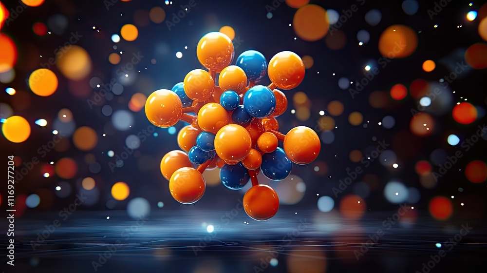 Poster abstract 3d rendering of interconnected orange and blue spheres. ideal for technology, science, or i