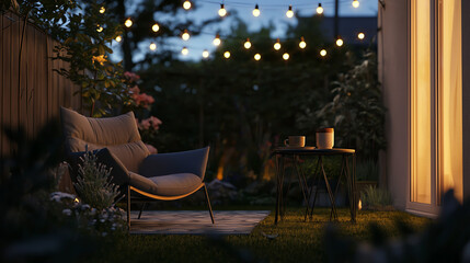 Cozy outdoor seating area illuminated by string lights at night with plants and a warm atmosphere