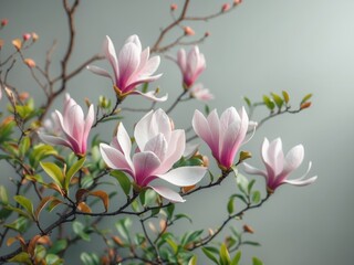 Naklejka premium Vibrant Magnolias in Bloom with Pink and White Petals Surrounded by Green Foliage.