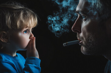Fototapeta premium A child looks up with wide eyes while covering their mouth, observing an adult who is smoking. The dimly lit background enhances the tension of the moment, showcasing the contrast in their reactions