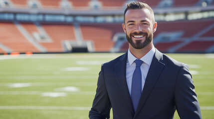 A well-dressed man stands on a football field, flashing a warm smile. He is wearing a dark suit and tie, exuding professionalism and excitement as he prepares for an upcoming sports event