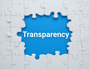 white puzzle with missing piece, revealing red background with the word 'transparency'.