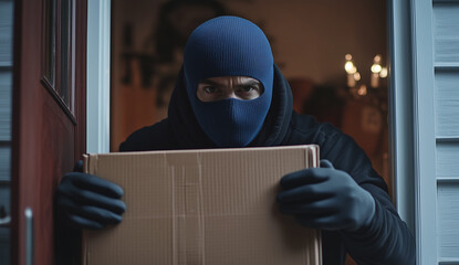 A masked individual stands at a residential door during nighttime, holding a cardboard parcel. The figure appears to be in the act of stealing the delivery, with a focused expression