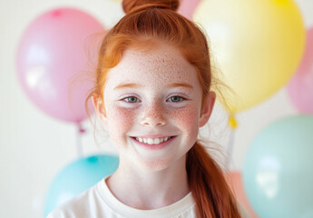 A young girl with vibrant red hair and charming freckles beams with happiness in front of pastel balloons, capturing the festive spirit of a birthday party atmosphere