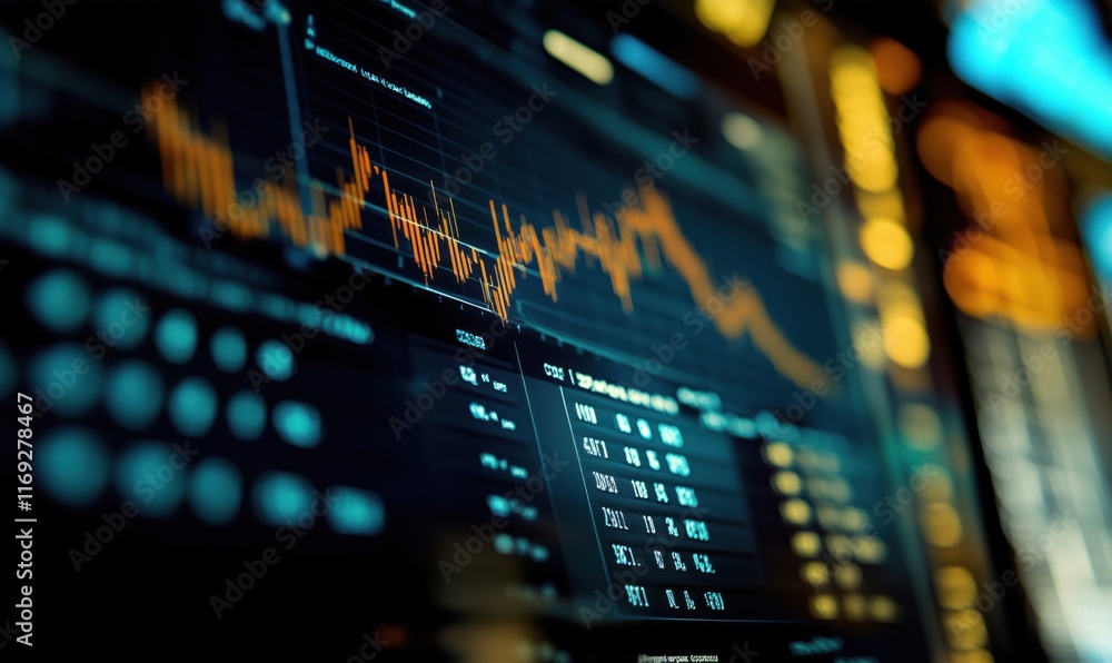 Aufkleber stock market analysis with fluctuating graphs and data metrics displayed on digital screen, showcasi