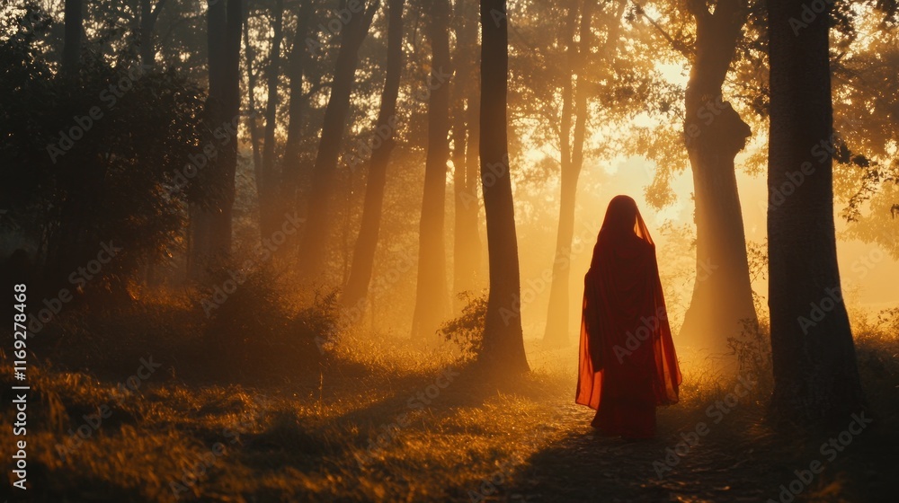 Poster A figure in a red cloak walks through a misty forest at sunset, creating a serene atmosphere.