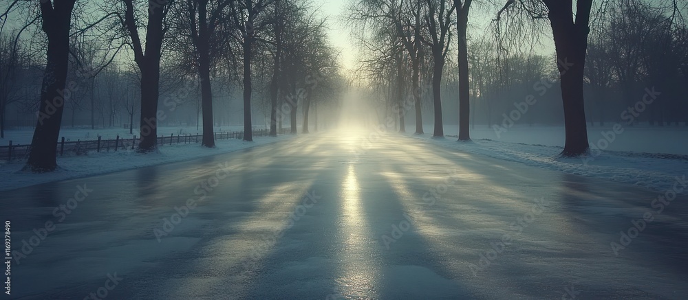 Aufkleber sunbeams illuminate a frozen canal path lined with leafless trees in a winter scene.
