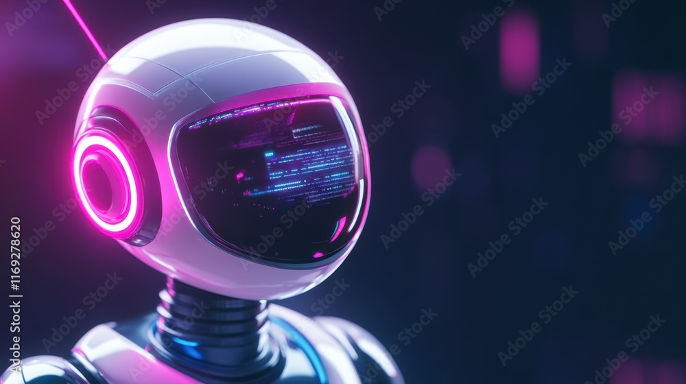 Poster futuristic robot with neon accents and digital display interface