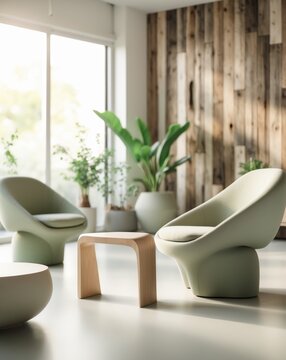 Cozy modern living room with sculptural furniture and natural decor in a serene setting