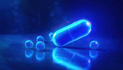 A glowing blue capsule surrounded by smaller spheres, set against a reflective surface, creating a futuristic and vibrant atmosphere.