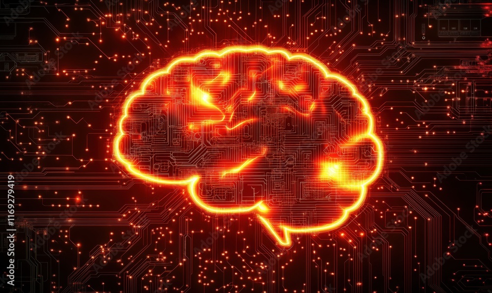 Poster neon brain circuitry design with glowing red and orange elements representing artificial intelligenc