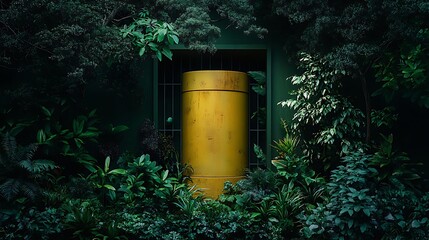 Golden Cylinder Mysteriously Nestled in a Lush, Green Conservatory AI Generated