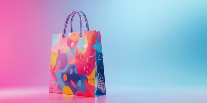 Large 3D shopping bag features vibrant sale-themed graphics and bright colors under a dramatic spotlight showcasing exciting promotions