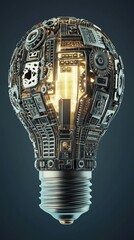 A conceptual image of a lightbulb made up of interconnected gears and circuits, symbolizing innovative ideas and technology. The lightbulb emits a soft glow against a dark gradient background.