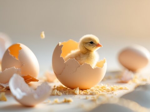Little chick hatching from golden egg in warm sunlight