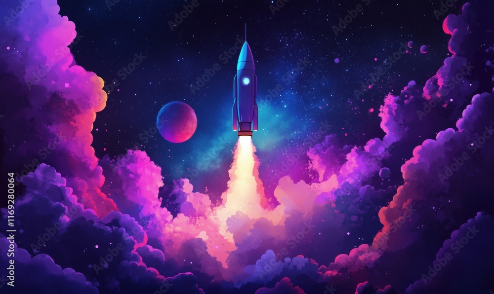 Poster rocket launching into colorful cosmic space with nebula and planets