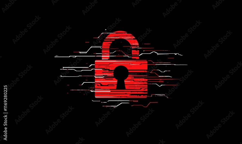 Poster digital security lock symbol with glitch effect representing cybersecurity and data protection in a 