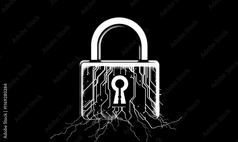 Poster digital padlock symbolizing cybersecurity with electric circuits and lightning effects, representing