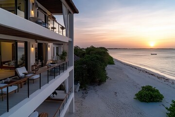 Fototapeta premium A beautiful view from a cozy oceanfront room captures the essence of relaxation, offering a unique perspective of the stunning horizon and tranquil beachside atmosphere.