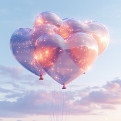 Fototapeta premium Heart shaped balloon bouquet floating in the sky during a beautiful sunset