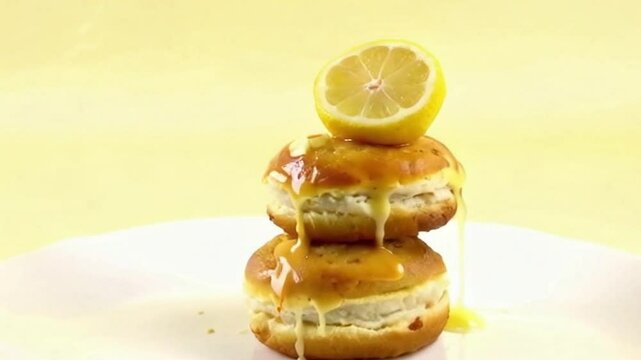 Lemon zest stack of glazed cronuts with lemon slices, zest, and pastel yellow backdrop for a vibrant, fresh summer vibe