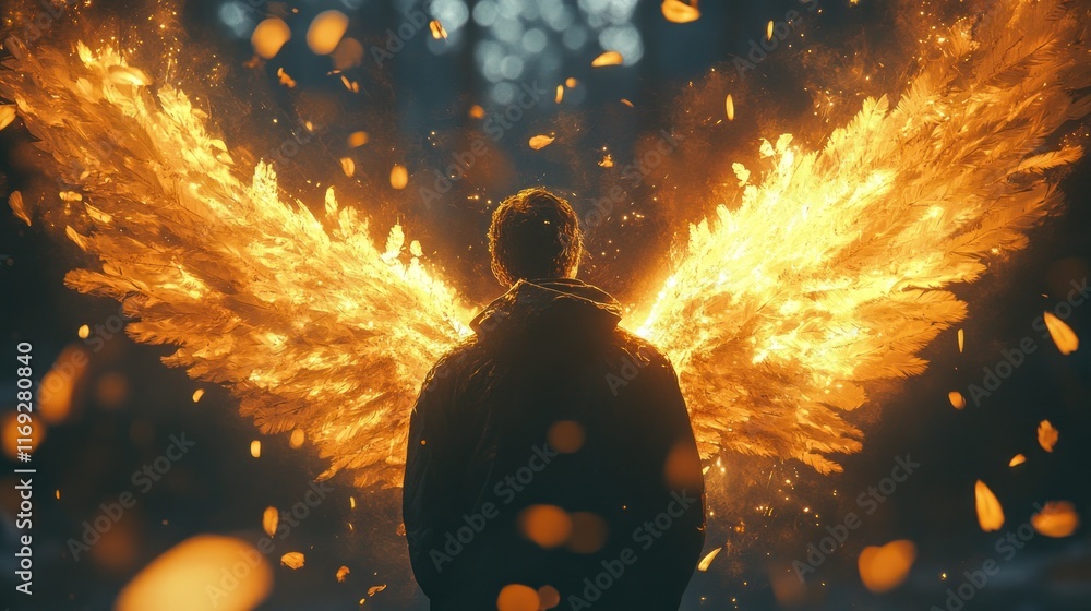 Poster A figure with fiery wings stands in a mystical forest, evoking themes of transformation and power.