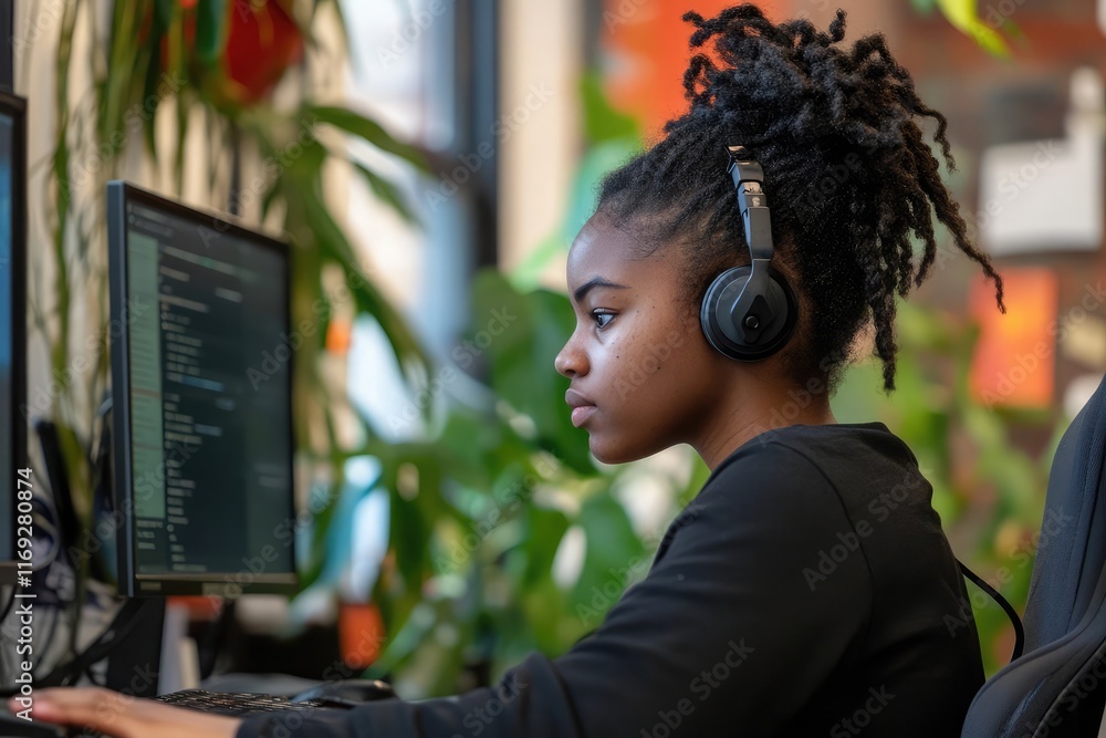 Poster call center operator focused on managing tasks at a busy workstation