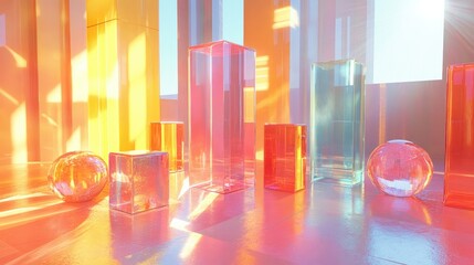 A D scene showcasing transparent glass objects like cubes, cylinders, and prisms, with rich, colorful reflections of light creating an abstract, futuristic feel