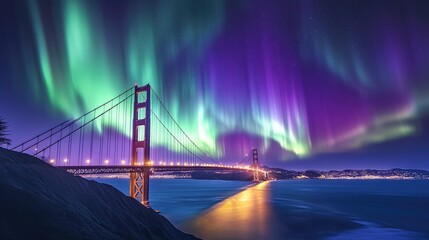 Obraz premium A breathtaking view of the Northern Lights above the Golden Gate Bridge in San Francisco, with the iconic structure bathed in green and purple light against the dark sky