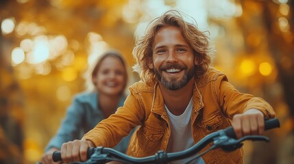 Obraz premium Happy cyclists enjoying a vibrant autumn day outdoors.