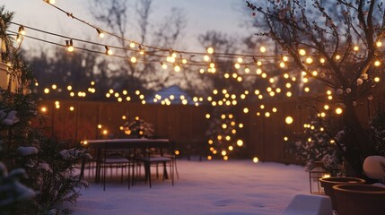 Naklejka premium Snowy garden with string lights at dusk.