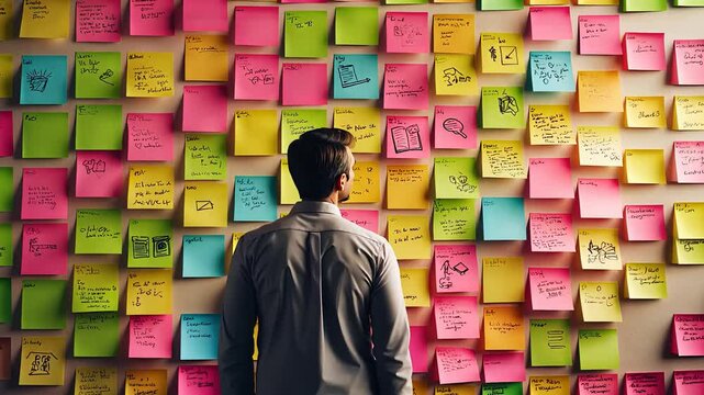 Businessman Analyzing Colorful Sticky Notes on Wall for Brainstorming and Task Planning in Office

